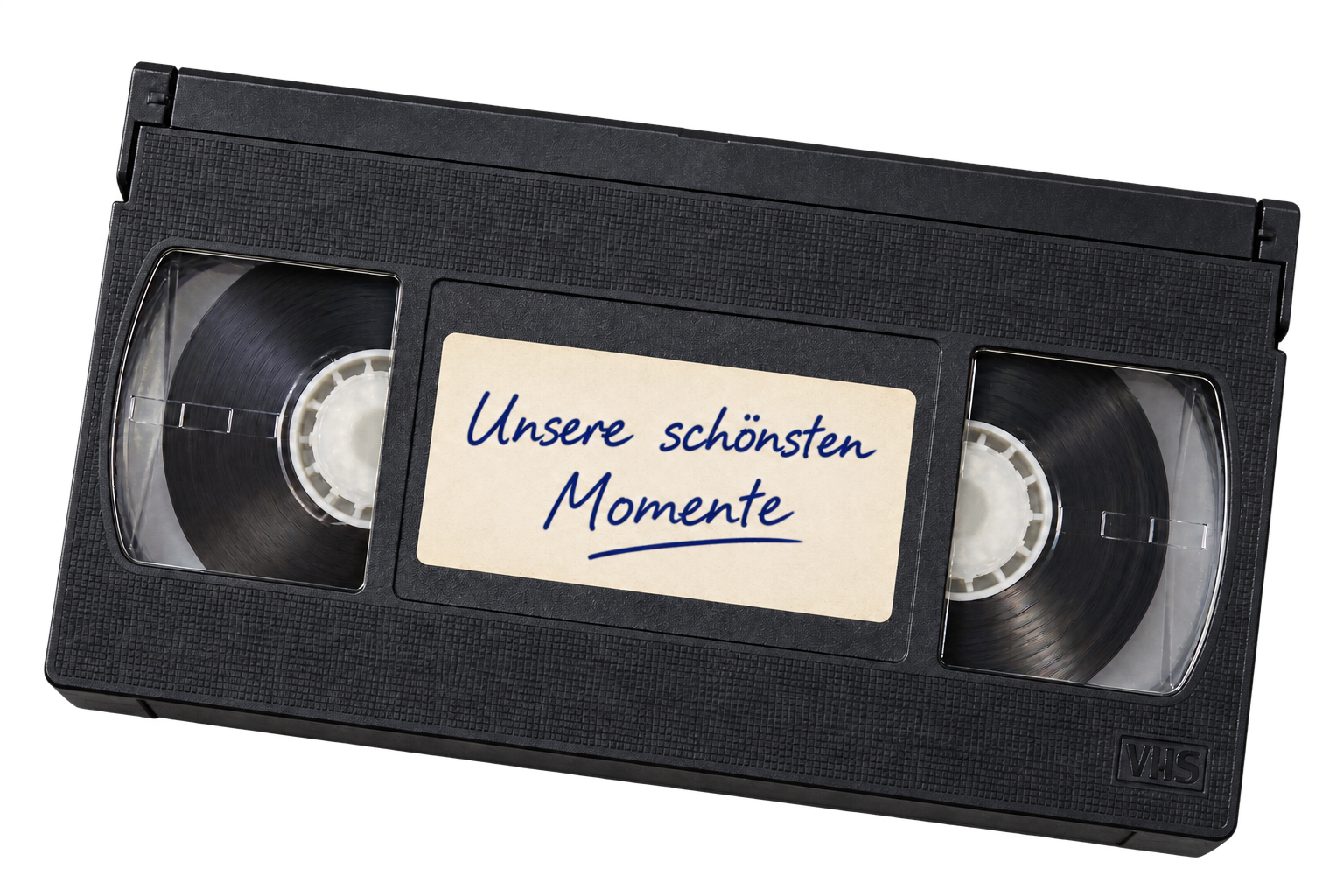 VHS-Videokassette mit zwei Sichtfenstern und dem Etikett Unsere schönsten Momente