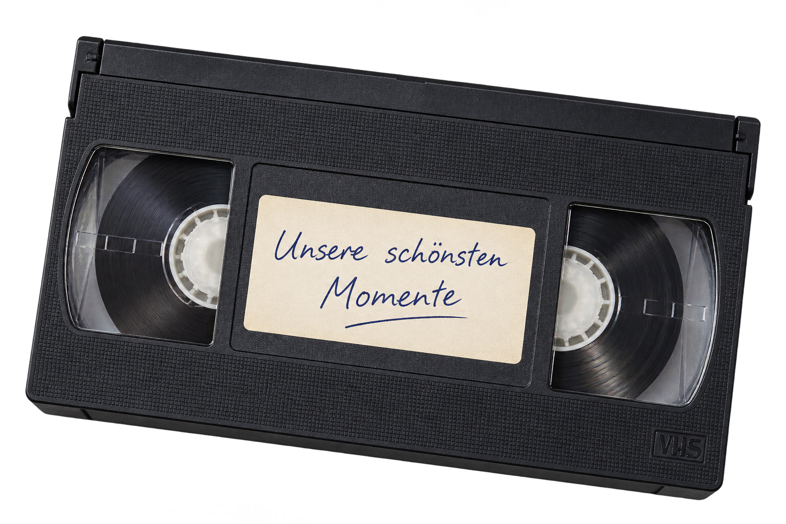 VHS-Videokassette mit zwei Sichtfenstern und dem Etikett Unsere schönsten Momente